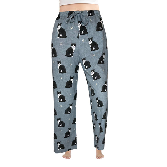 Black and White Cat Pajama Bottoms - Unisex Cotton Blend PJs