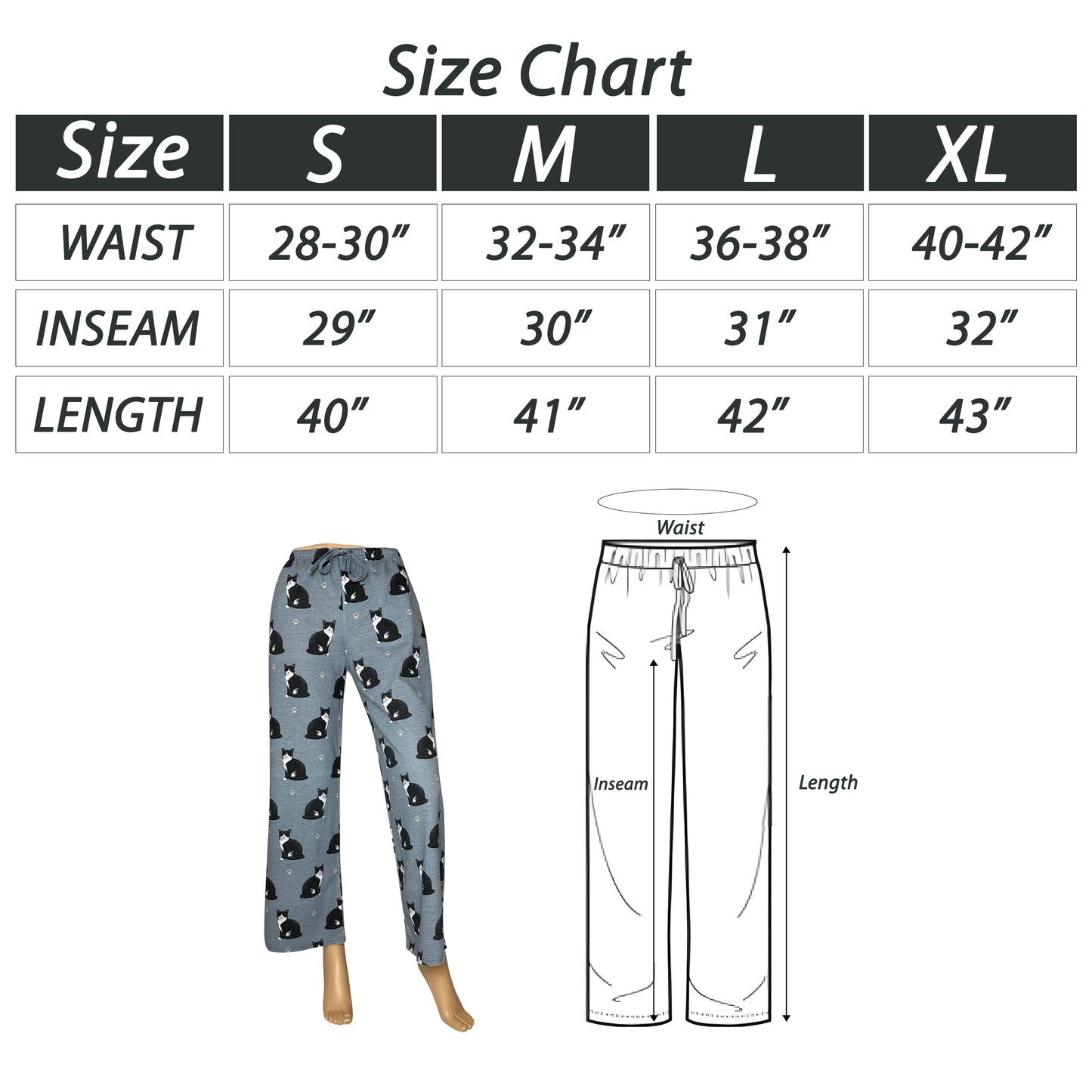 Black and White Cat Pajama Bottoms - Unisex Cotton Blend PJs