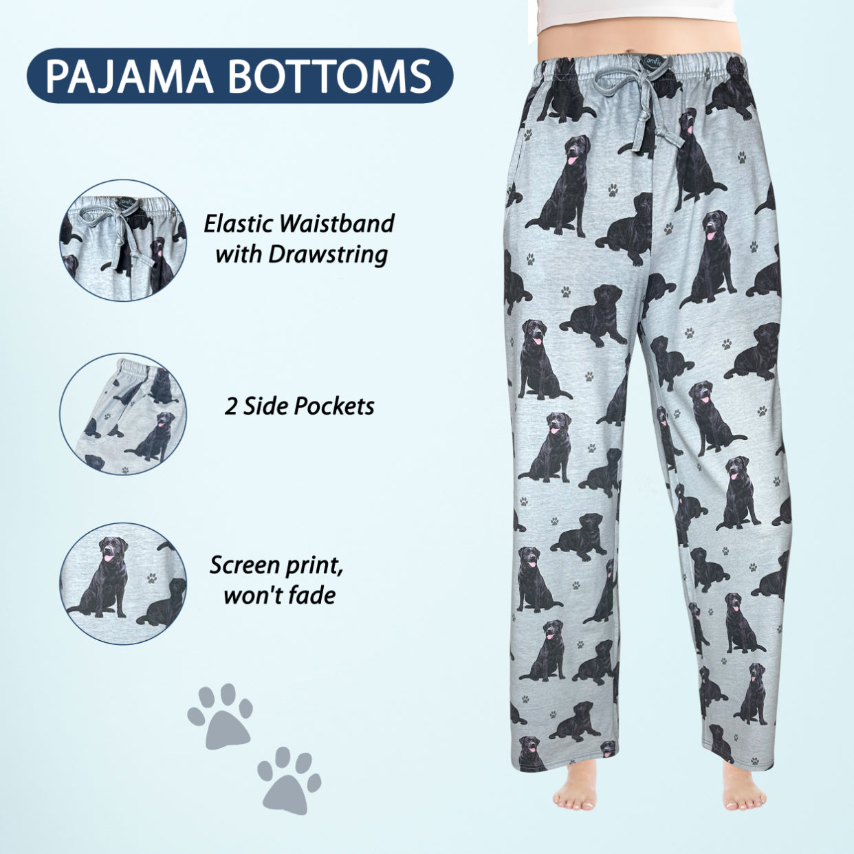 Labrador Black Pajama Bottoms - Unisex Cotton Blend PJs