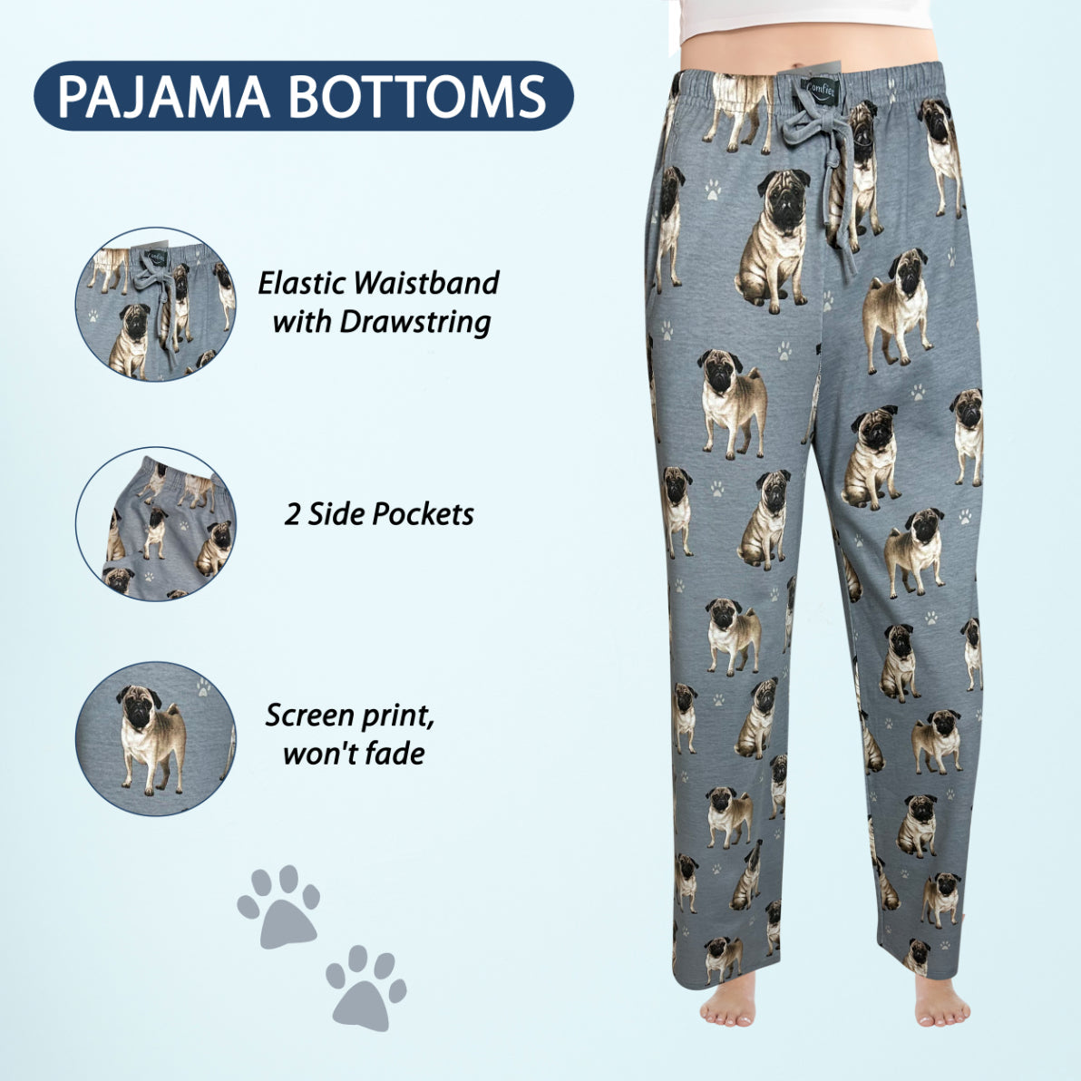 Pug Pajama Bottoms - Unisex Cotton Blend PJs