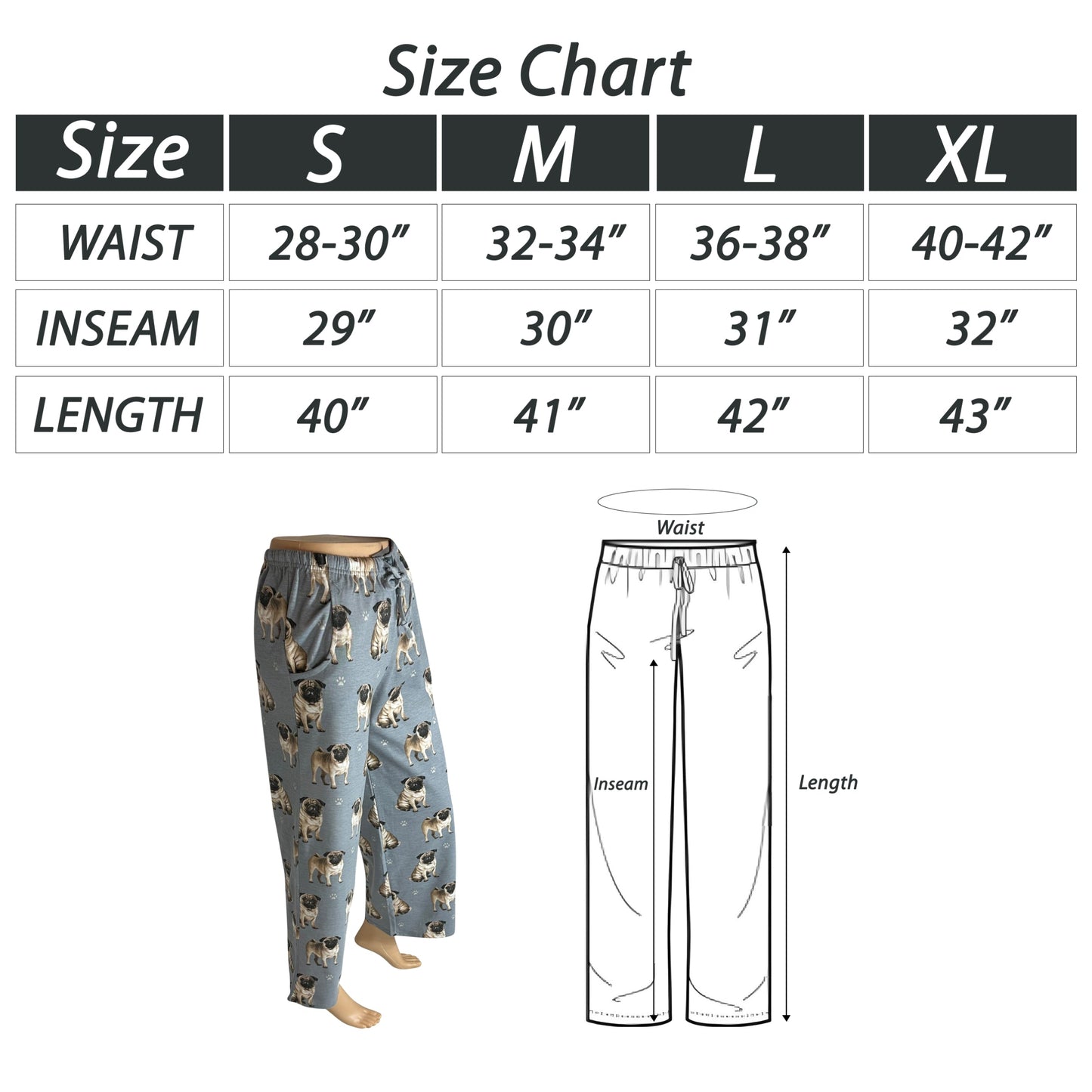 Pug Pajama Bottoms - Unisex Cotton Blend PJs