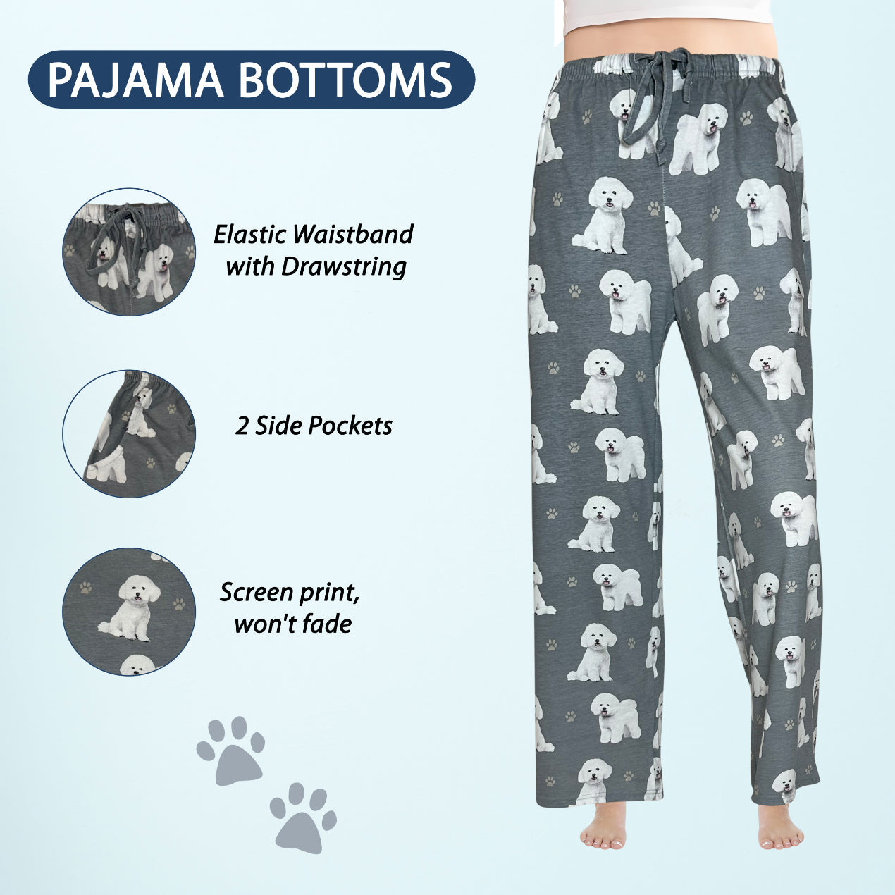 Bichon Frise Pajama Bottoms - Unisex Cotton Blend PJs