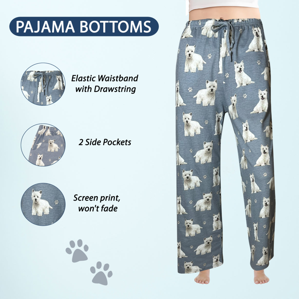 Westie Pajama Bottoms - Unisex Cotton Blend PJs