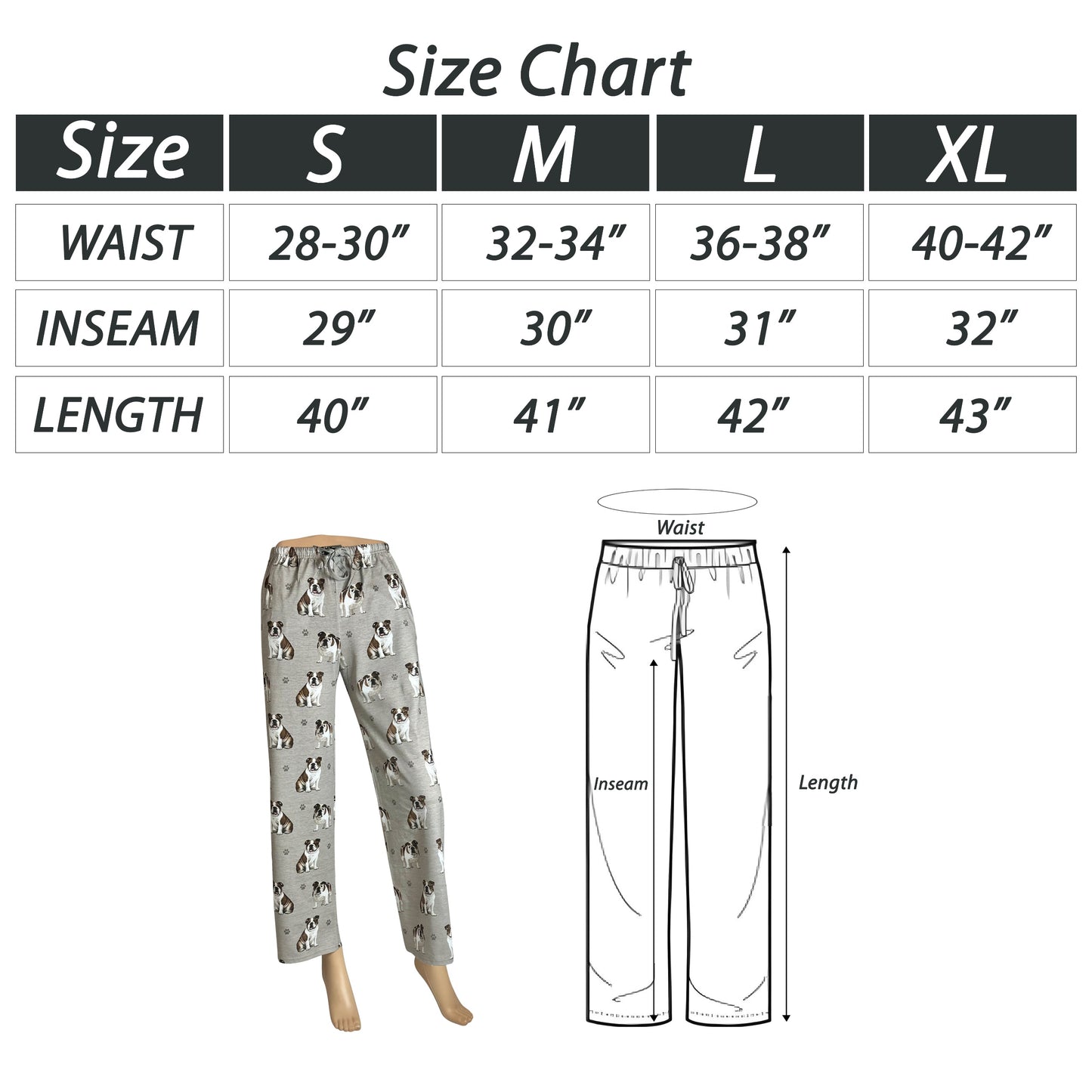 Bulldog Pajama Bottoms - Unisex Cotton Blend PJs