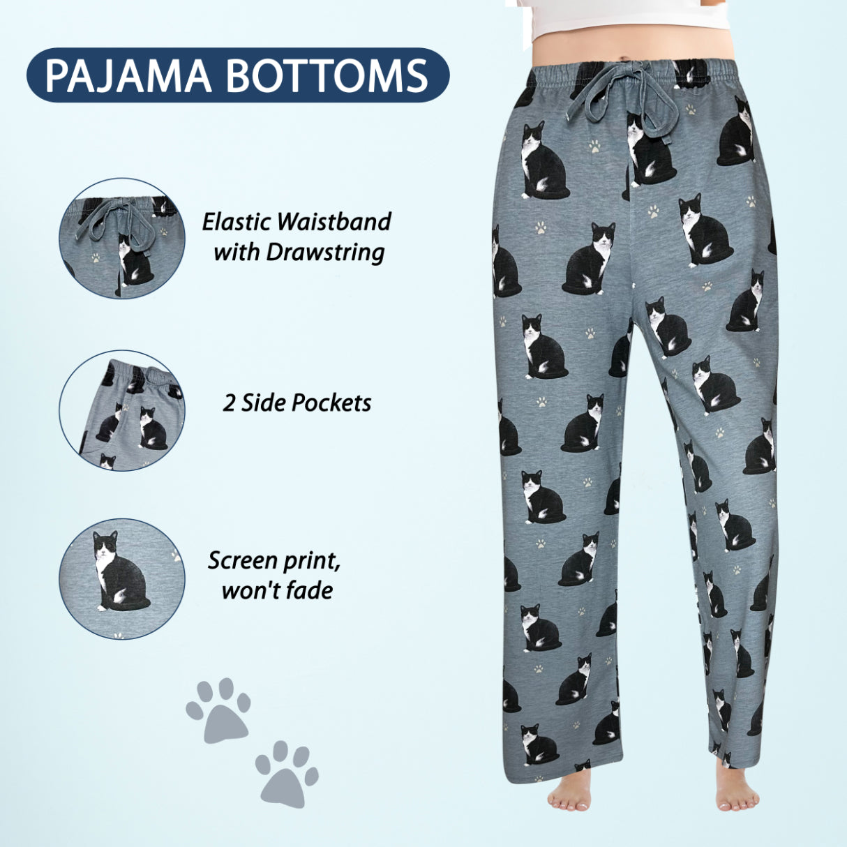 Black and White Cat Pajama Bottoms - Unisex Cotton Blend PJs