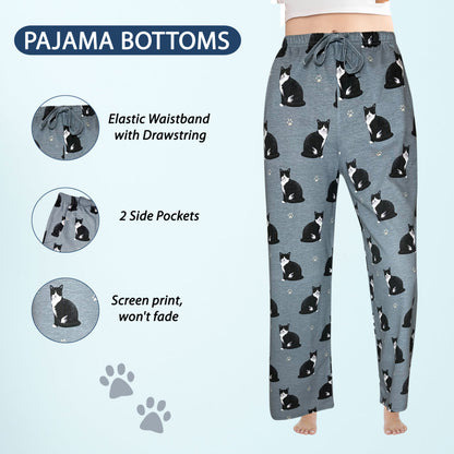 Black and White Cat Pajama Bottoms - Unisex Cotton Blend PJs