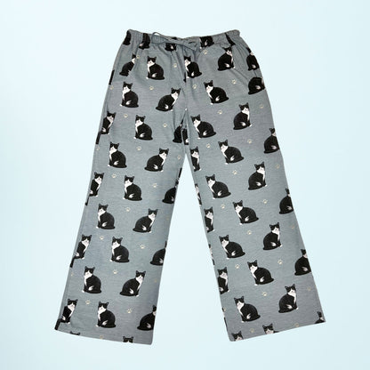 Black and White Cat Pajama Bottoms - Unisex Cotton Blend PJs