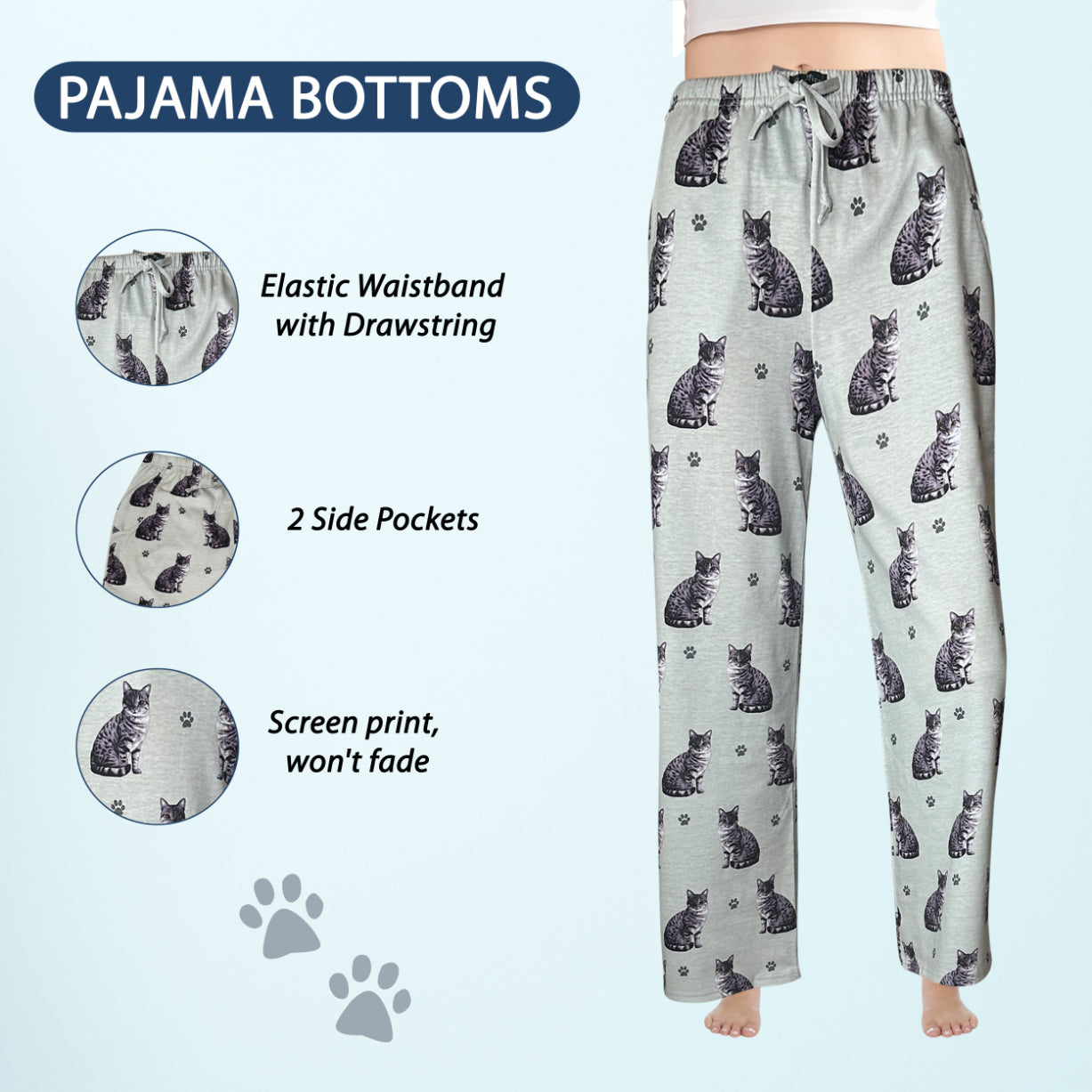 Tabby Cat Pajama Bottoms - Unisex Cotton Blend PJs